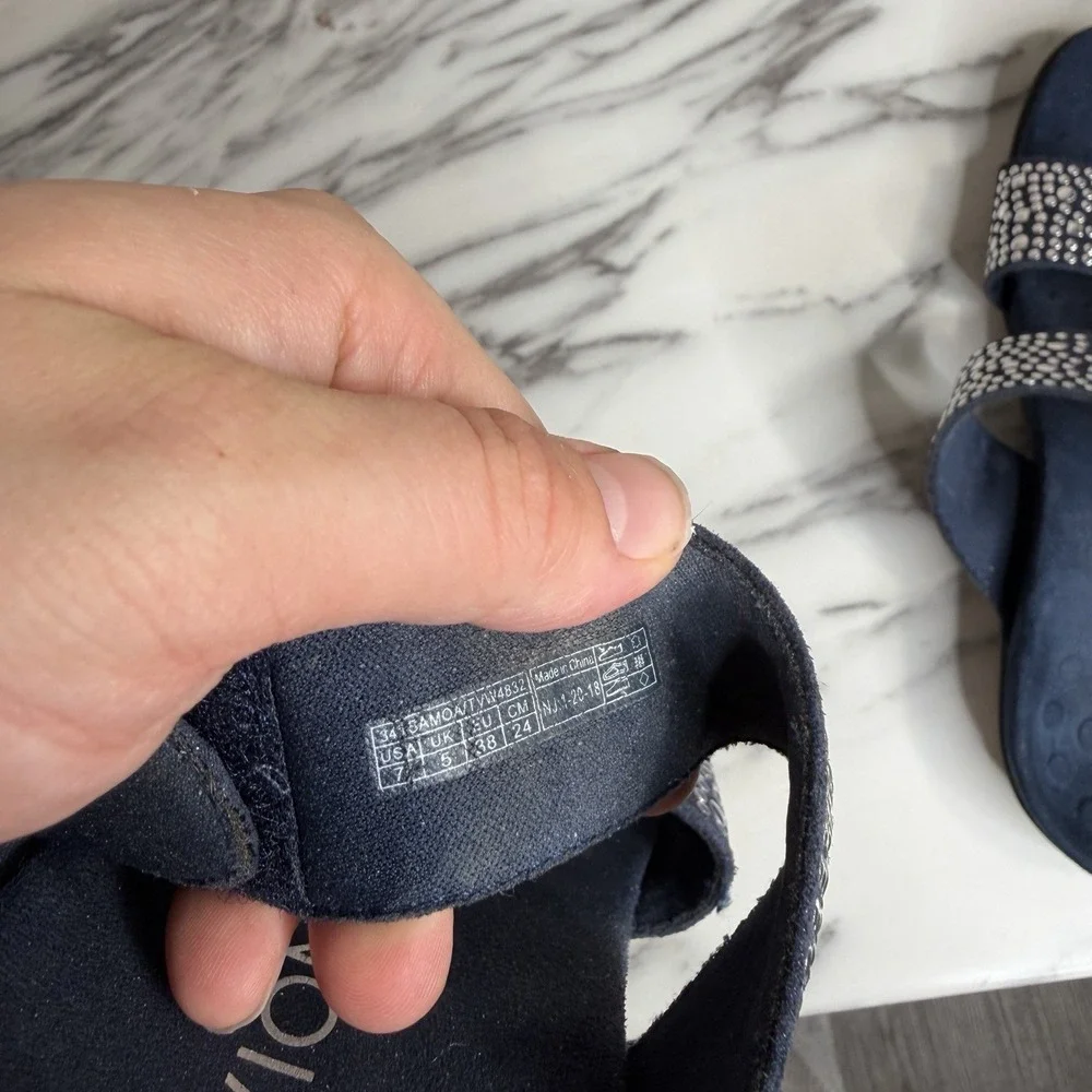 Vionic Samoa Double Strap Slide Sandals Sz 7 Blue Studded Suede Leather Comfort